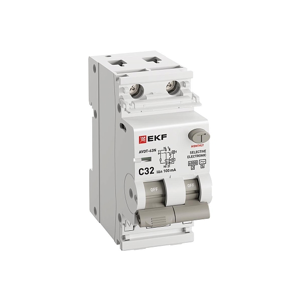 Автоматический выключатель дифференциального тока АВДТ-63N 1P+N (S) 32А характеристика C 100мА тип AC электронный селективный 6кА PROXIMA EKF