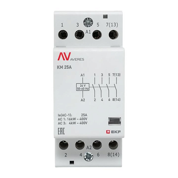 Контактор модульный КМ 25А 4NO 24В АС (2 мод.) AVERES EKF