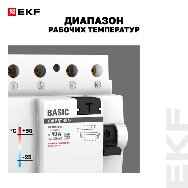 Выключатель дифференциального тока ВДТ-40 4P 40А 300мА тип АС электронный 4,5кА BASIC