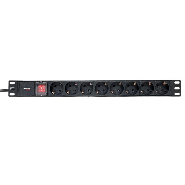 Блок розеток PDU TERACOM PRO 19" 1U 16А/250В 8 розеток Schuko с выключателем шнур питания длиной 2 метра сечение 3x1,5 мм2 вилка Schuko корпус пластик черный