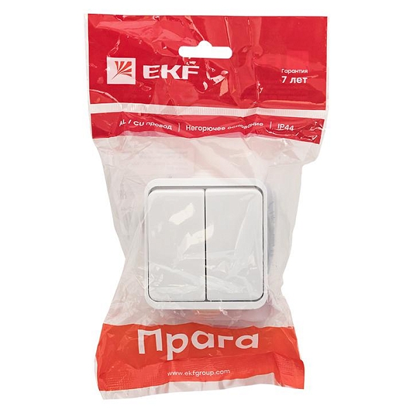 Прага Выключатель 2-клавишный 10А IP44 белый EKF