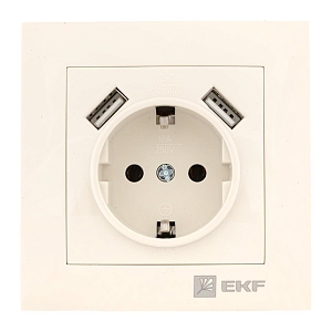 Валенсия розетка 1-местная с/з 16А кремовая с защ. штор. с 2 USB 2,1А EKF