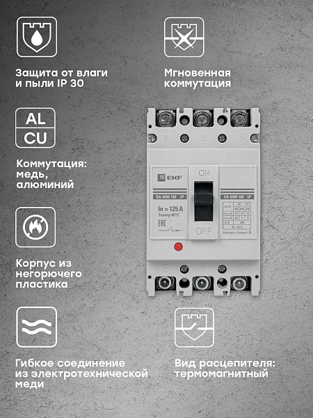 Выключатель автоматический в литом корпусе ВА-99М 100/125А 3P 10In 35кА с термомагнитным расцепителем EKF