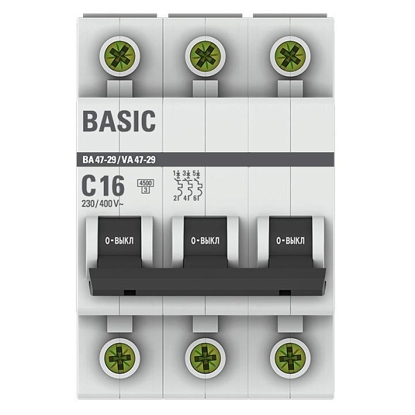 Автоматический выключатель ВА 47-29 3P 16А (C) 4,5кА BASIC