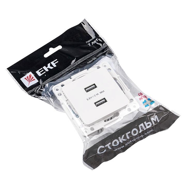 Стокгольм Механизм Розетки USB 2-местной 2,1А винтовые клеммы белый EKF