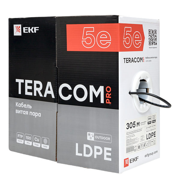 Кабель витая пара TERACOM PRO Cat.5E F/UTP 4 пары solid внешний 24AWG оболочка LDPE цвет черный (упак. 305м)