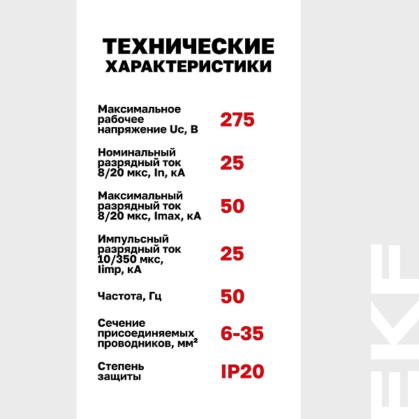 Устройство защиты от импульсных перенапряжений Класс 1 Iimp 25kA (10/350μs) 2P EKF