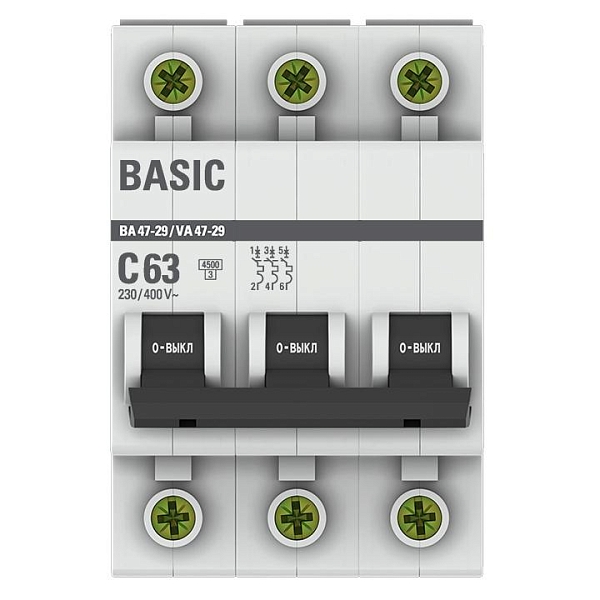 Автоматический выключатель ВА 47-29 3P 63А (C) 4,5кА BASIC