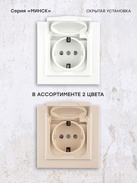 Минск Розетка 1-местная СП с/з с крышкой 16А белая с защ. штор. IP44 EKF