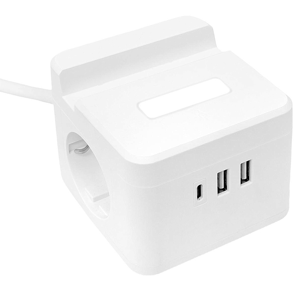 Удлинитель "Куб" 2 гнезда 1USB + 2Type C с быстрой зарядкой, подставкой под телефон и ночником 1,3 метра 1мм2