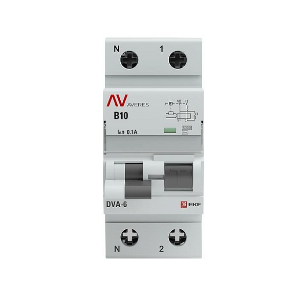 Автоматический выключатель дифференциального тока DVA-6 1P+N 10А характеристика B 100мА тип AС электромеханический 6кА AVERES EKF