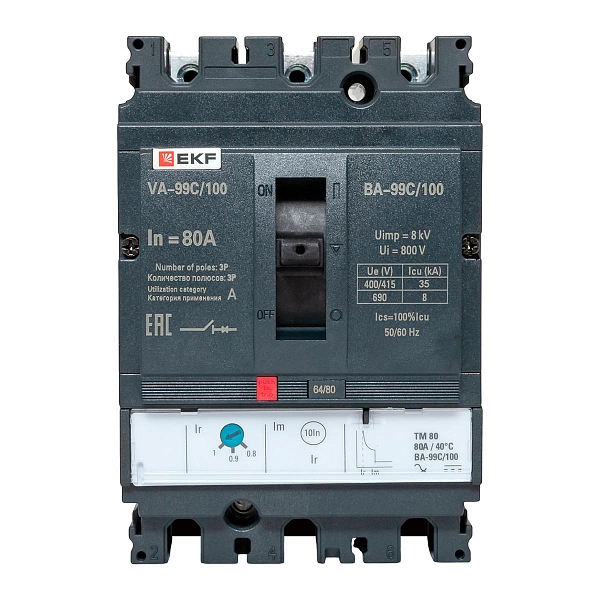 Выключатель автоматический в литом корпусе ВА-99C 100/80А 3P 35кА с термомагнитным расцепителем EKF
