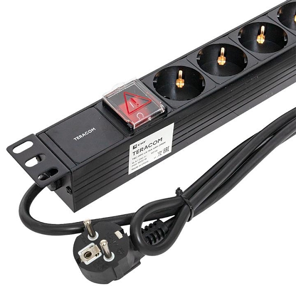 Блок розеток PDU TERACOM 19" 1U 16А/250В 6 розеток Schuko с выключателем шнур питания длиной 2 метра сечение 3x1,5 мм2 вилка Schuko корпус пластик черный