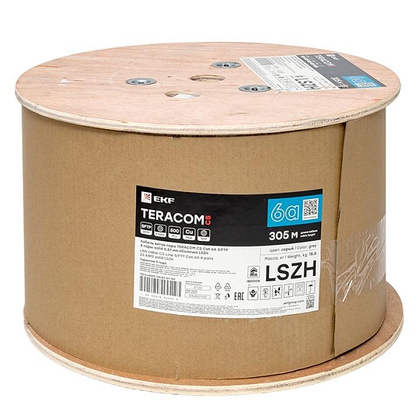 Кабель витая пара TERACOM CS Cat.6A S/FTP 4 пары solid 0,57мм оболочка LSZH нг(А)-HF цвет серый (упак. 305м)