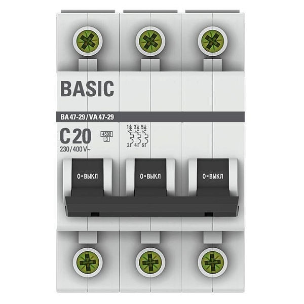 Автоматический выключатель ВА 47-29 3P 20А (C) 4,5кА BASIC