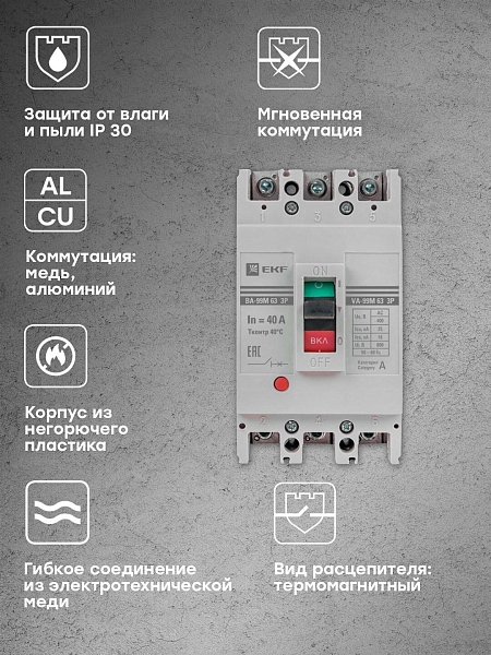 Выключатель автоматический в литом корпусе ВА-99М 63/40А 3P 10In 25кА с термомагнитным расцепителем EKF