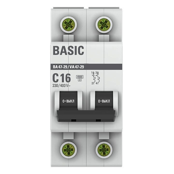 Автоматический выключатель ВА 47-29 2P 16А (C) 4,5кА BASIC