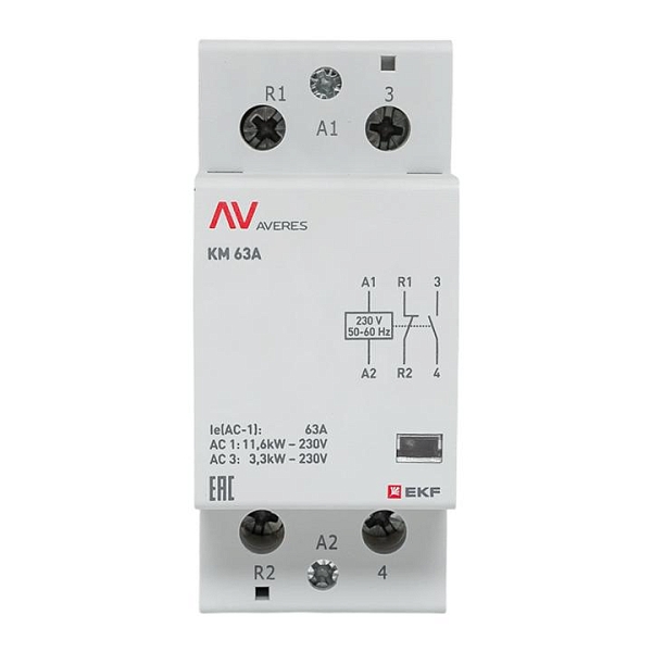 Контактор модульный КМ 63А 1NO+1NC 230В АС (2 мод.) AVERES EKF