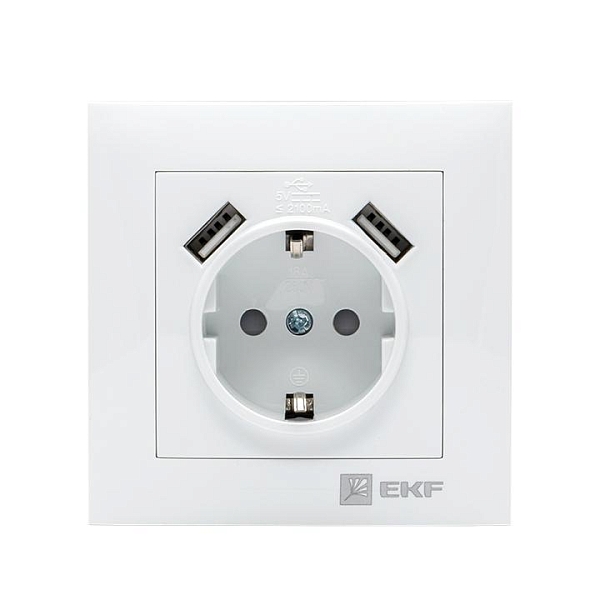 Валенсия розетка 1-местная с/з 16А белая с защ. штор. с 2 USB 2,1А EKF