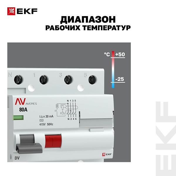 Выключатель дифференциального тока DV 4P 80А 30мА тип AC электромеханичекий 10kA AVERES EKF