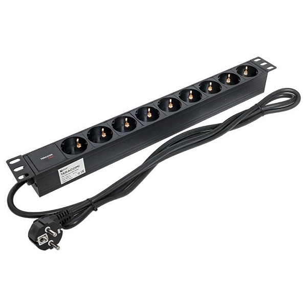 Блок розеток PDU TERACOM PRO 19" 1U 16А/250В 9 розеток Schuko шнур питания длиной 2 метра сечение 3x1,5 мм2 вилка Schuko корпус алюминий черный